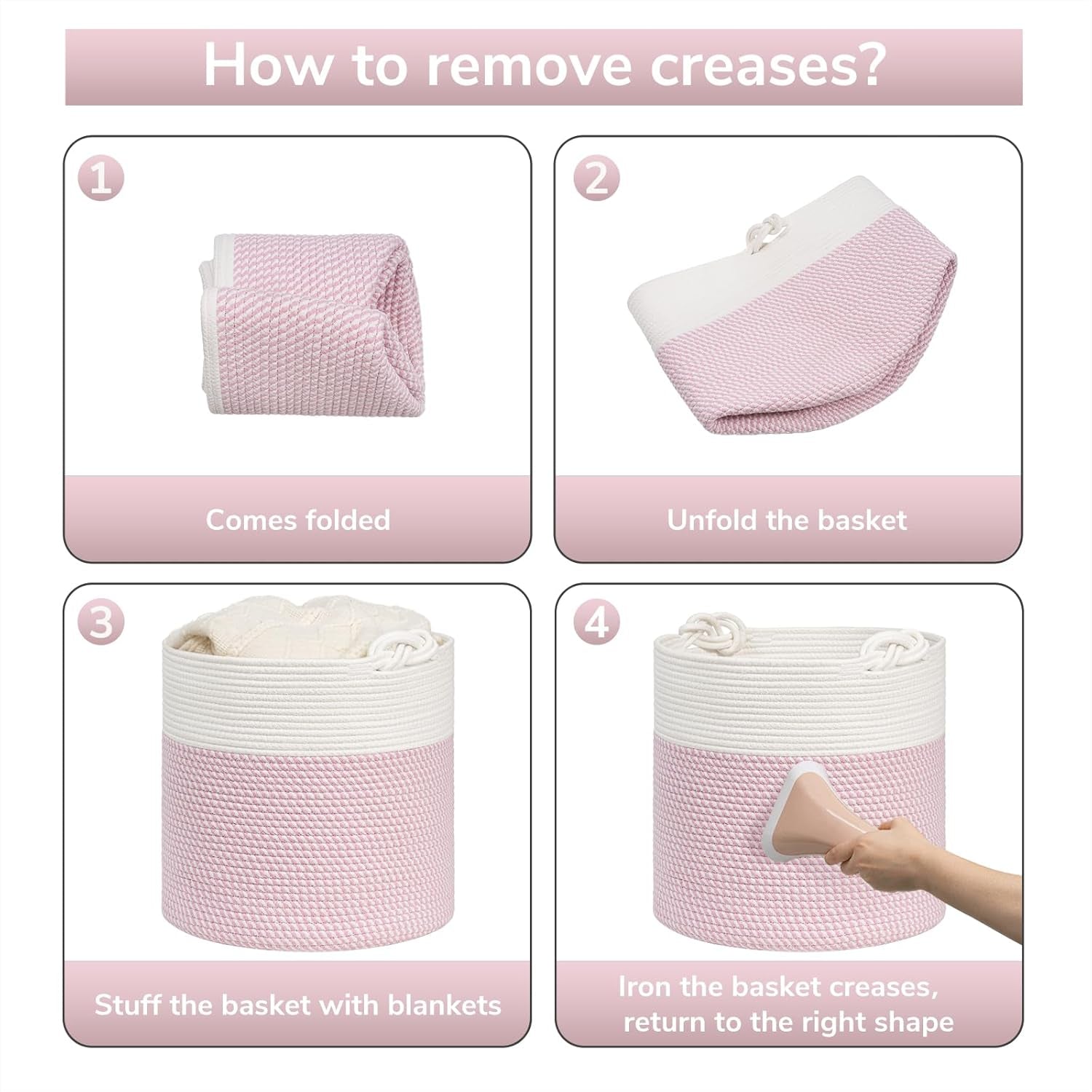 Woven Rope Blanket Basket Living Room, 40L, Pink | Small Laundry Basket for Organizing Baby Clothes, Blankets & Pillows, Great for Bedroom Nursery Home Décor, Pink