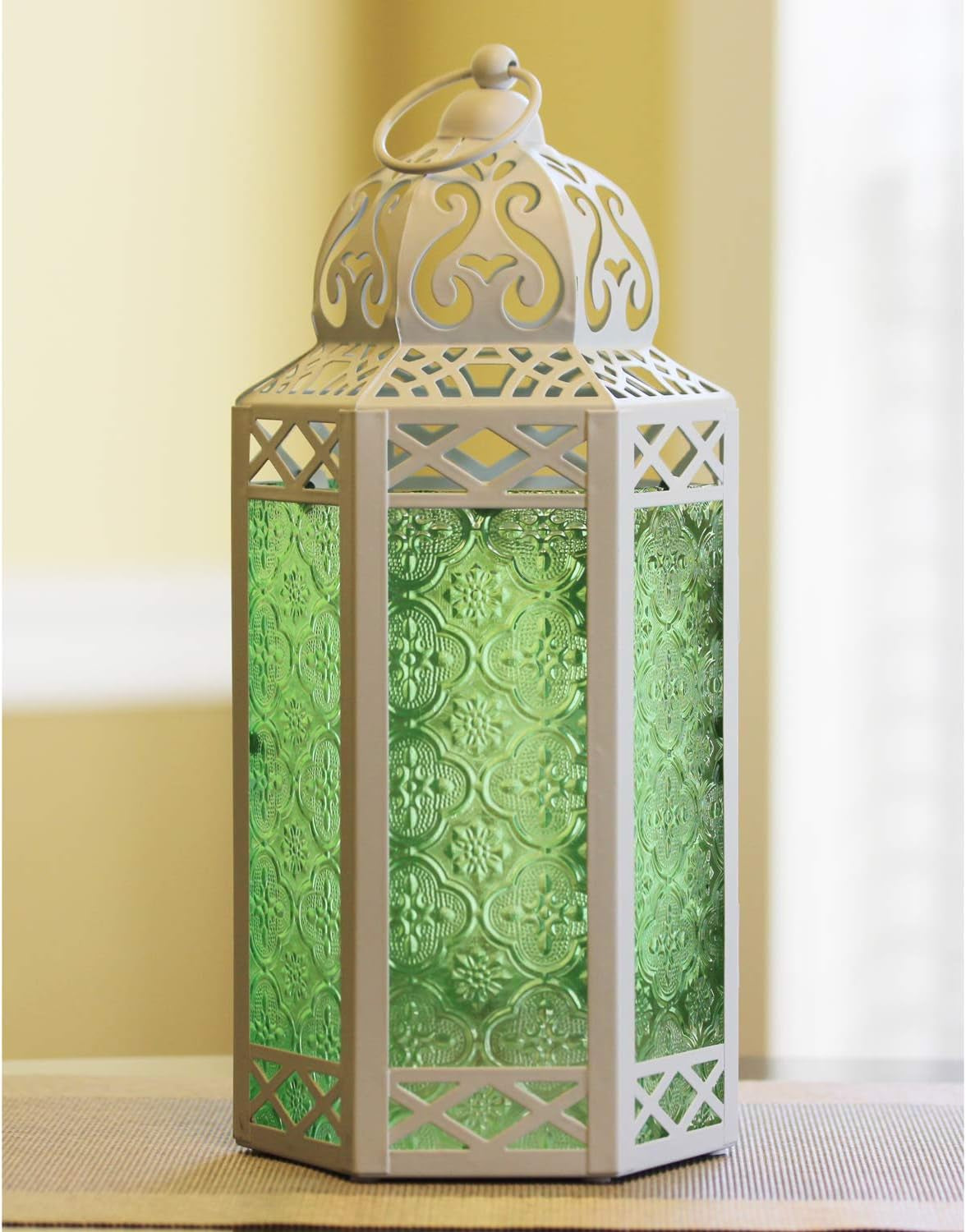 Decorative Indoor Candle Holder Table Centerpieces - Moroccan Hanging Outdoor Patio & Porch Home Decor, Turkish Lamp for Wedding, Ramadan (Large 12", White Green)