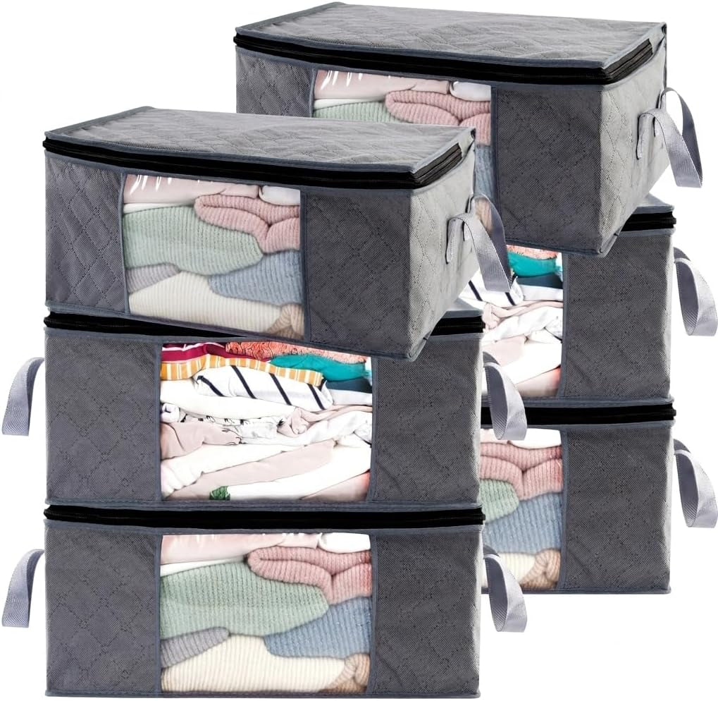 Storage Clothes Bins Closet Bags - 35L Containers Organizer Boxes Clothing Bin Organization for Organizing Blanket Pillow Sheet Sweater, Foldable Bedroom Small Storage Totes with Lids Zipper, 6Pc Pack
