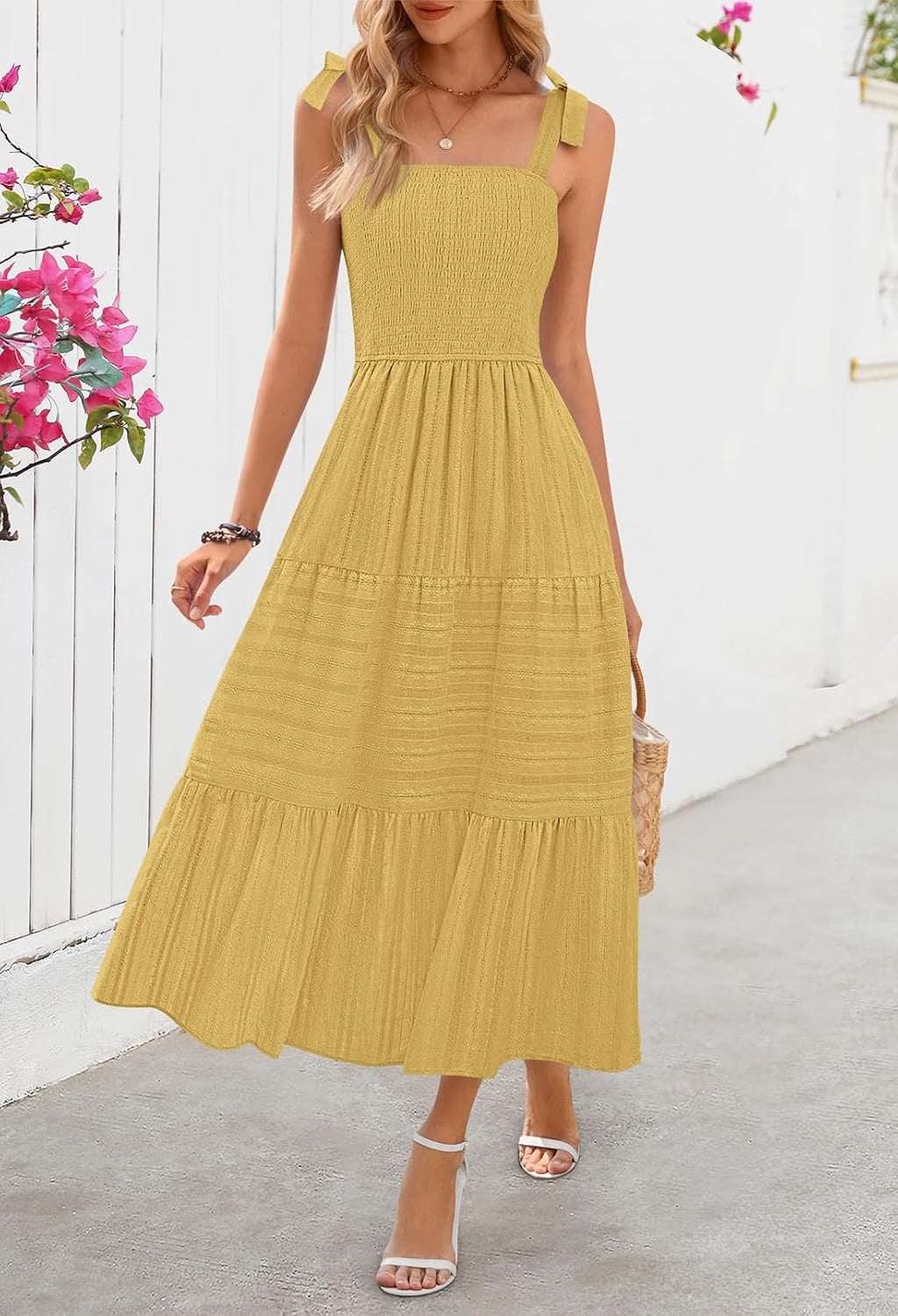Womens Summer Boho Sleeveless Beach Vacation Maxi Sundress | Square Neck, Casual Cotton Long Tie Dresses, Spaghetti Strap, Smocked, a Line, Tiered Flowy Dress, High Waist, Side Pockets