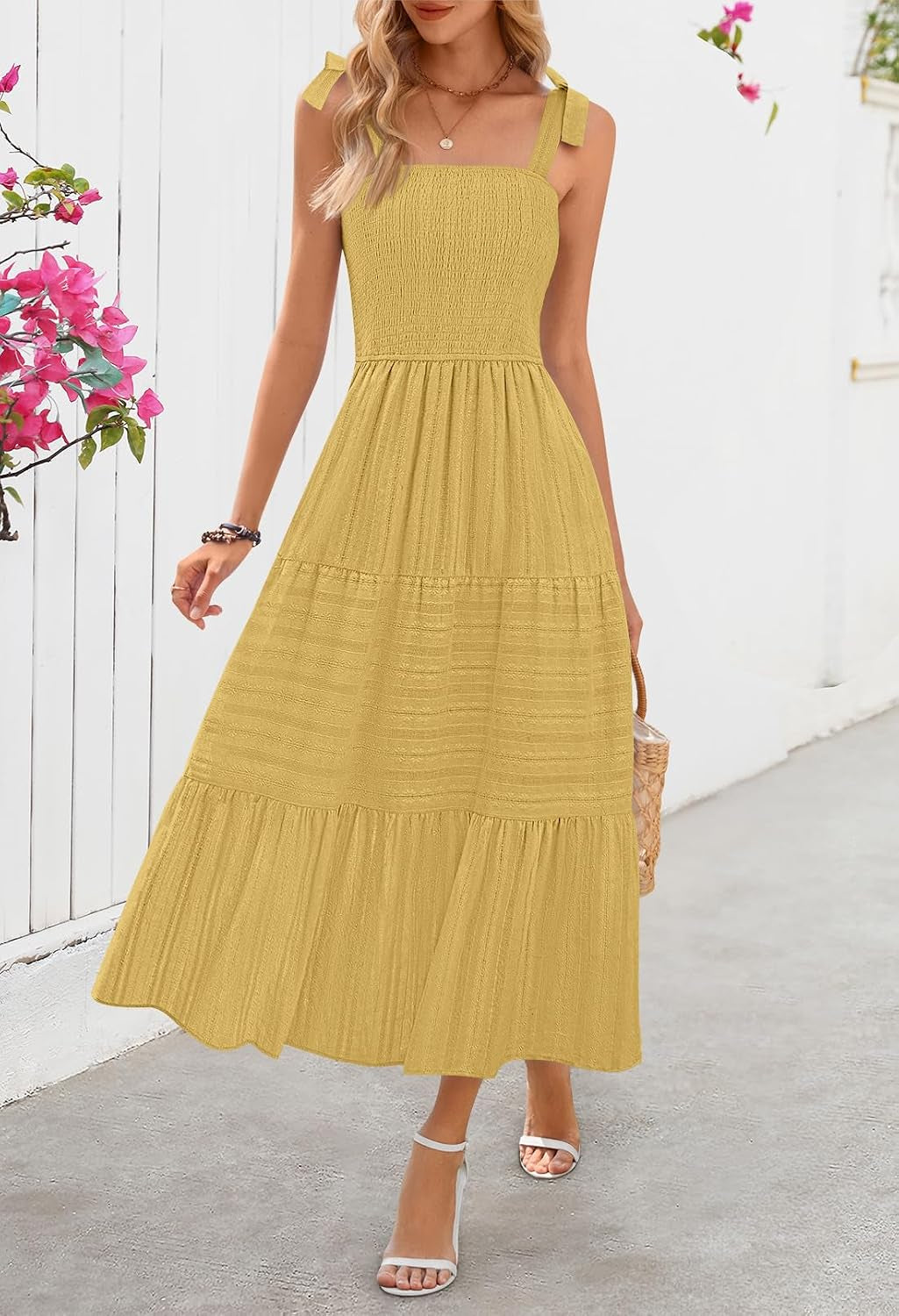 Womens Summer Boho Sleeveless Beach Vacation Maxi Sundress | Square Neck, Casual Cotton Long Tie Dresses, Spaghetti Strap, Smocked, a Line, Tiered Flowy Dress, High Waist, Side Pockets
