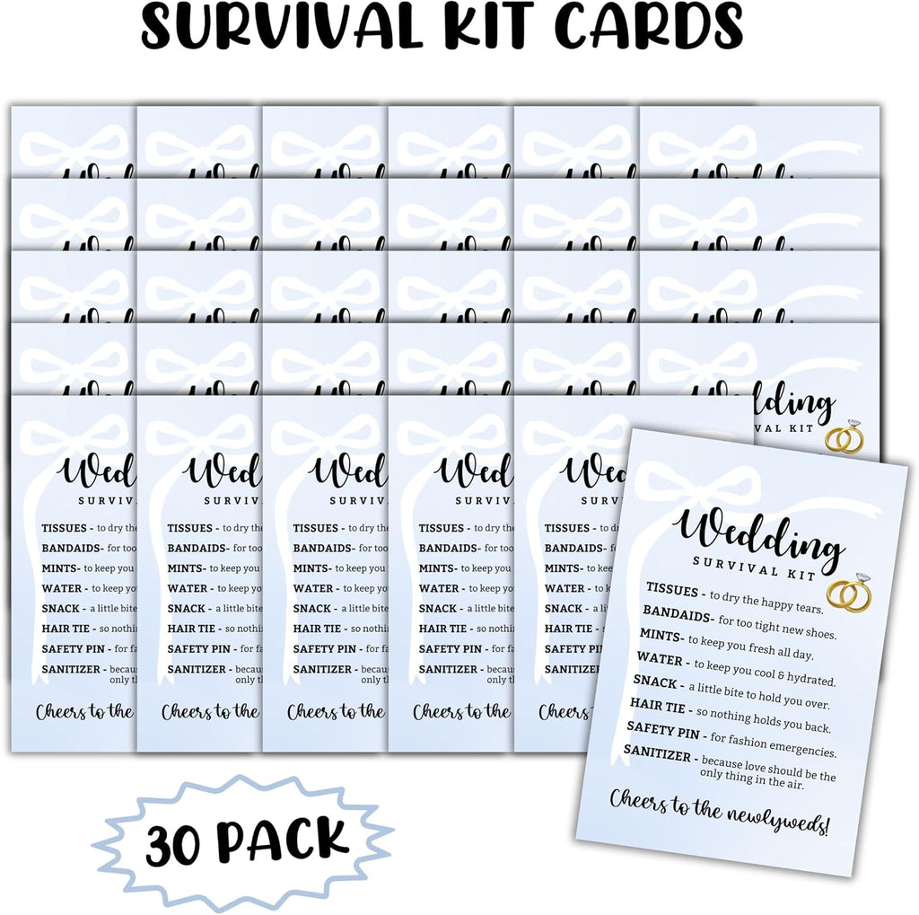 Wedding Survival Kit 30Pk 4X6” Brides Labels Postcards Wedding Party Goodie Gift Bags Essentials for Wedding Day Favors Bachelorette