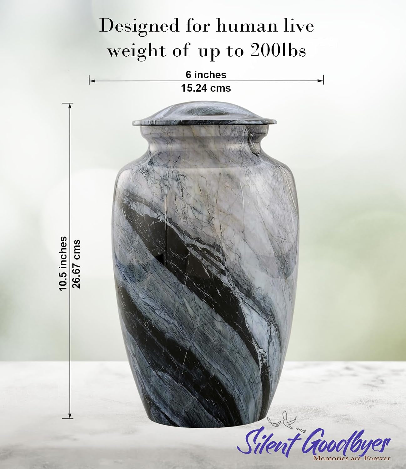 Memorial Cremation Urns for Human Ashes | Handcrafted Large Burial Marble Finish Adult Cremation Urn | Funeral Decorative Urns for Female & Male | 200 Lbs with Velvet Bag (Silver Wave)