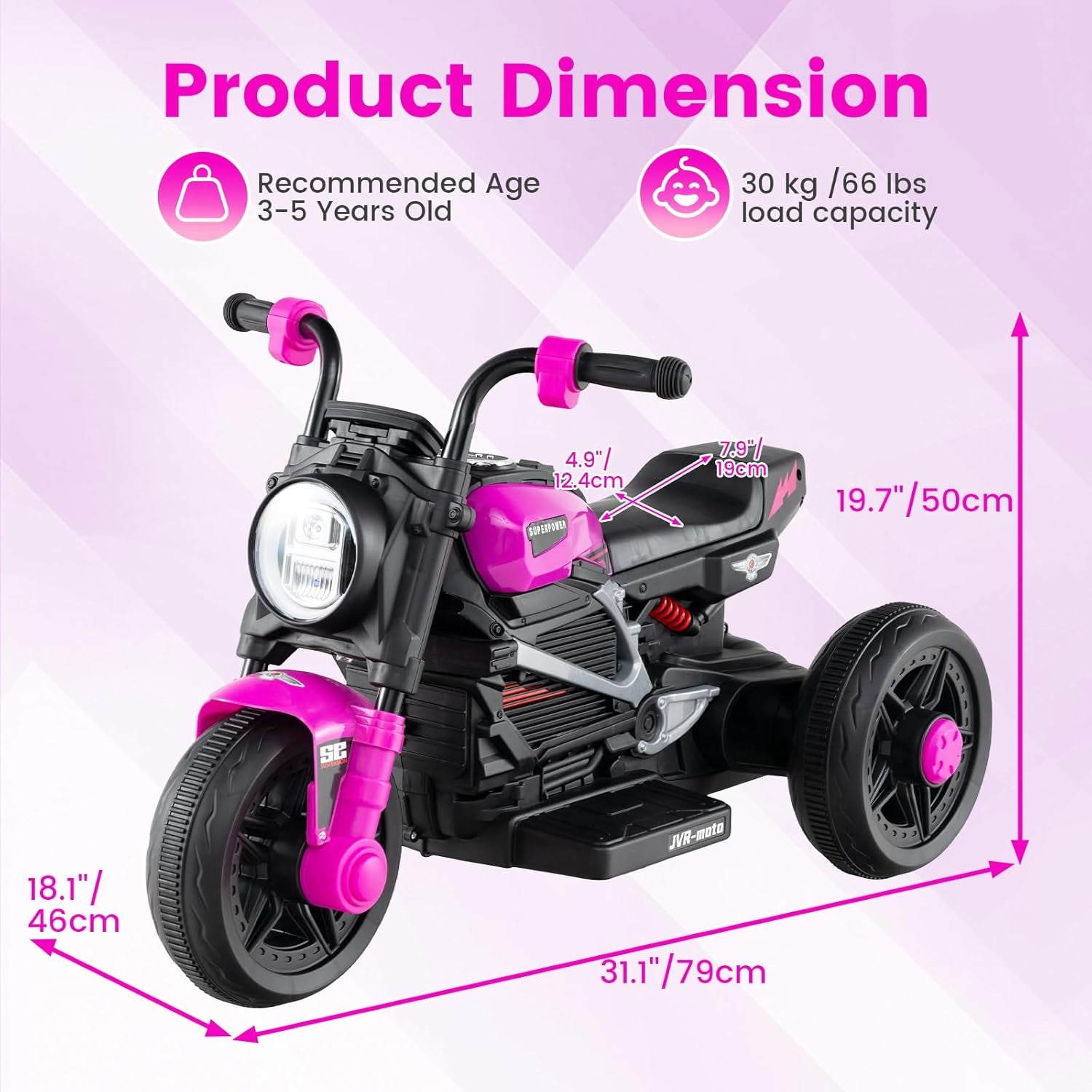 6V Kids Motorcycle with Forward & Reverse Switch, Headlight, Horn, Music, Story, USB Port, 3-Wheel Battery Powered Electric Ride on Toys for Toddler Boys Girls (Pink)