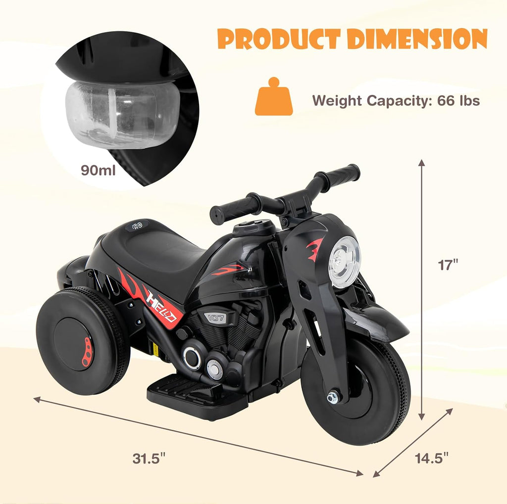Kids Motorcycle, 6V Electric Ride on Car with Automatic Bubble Function, Foot Pedal, Headlight, Music, 3 Anti-Skip Wheels Vehicle for Children, Toddler Ages 3+
