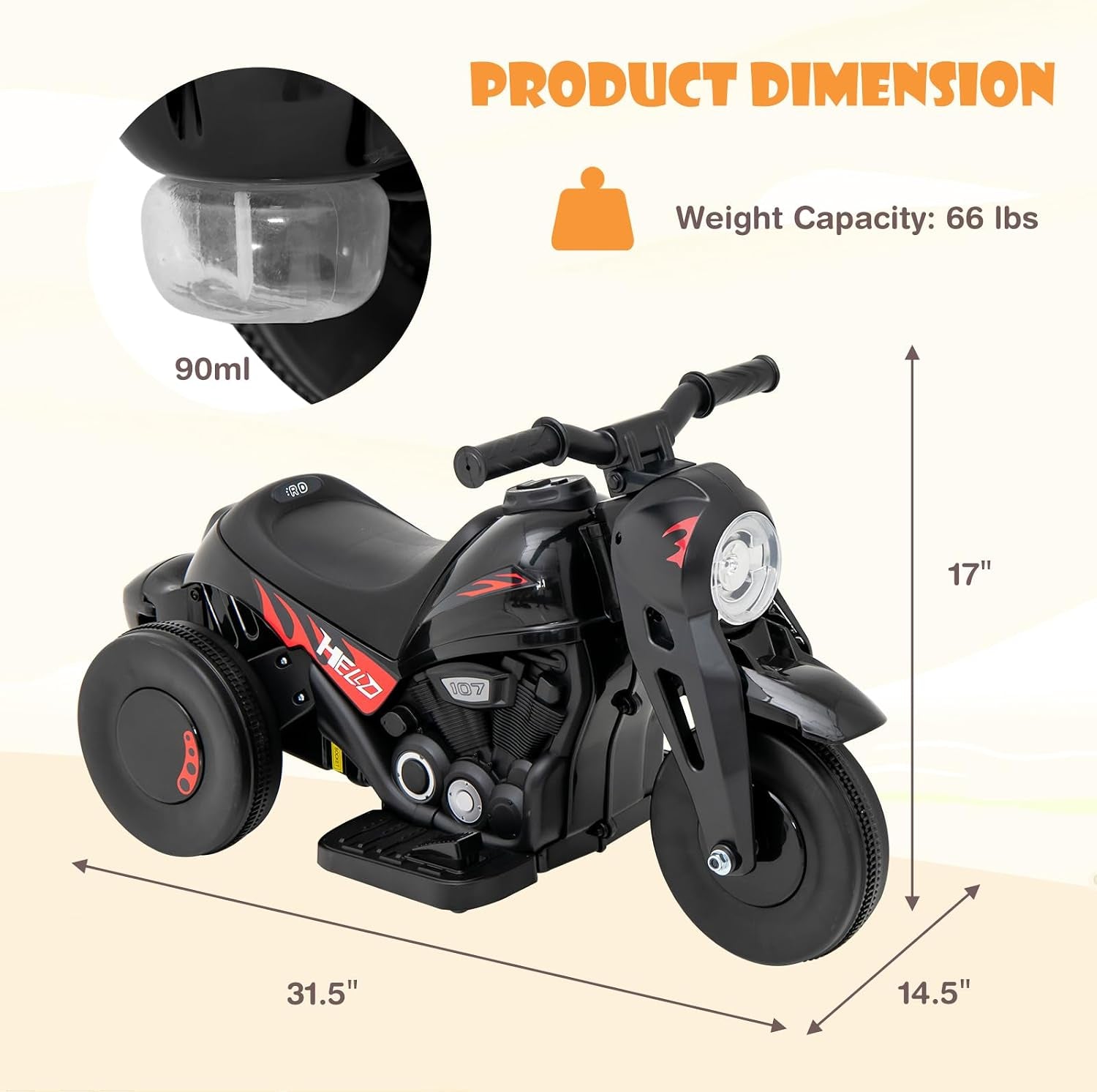 Kids Motorcycle, 6V Electric Ride on Car with Automatic Bubble Function, Foot Pedal, Headlight, Music, 3 Anti-Skip Wheels Vehicle for Children, Toddler Ages 3+