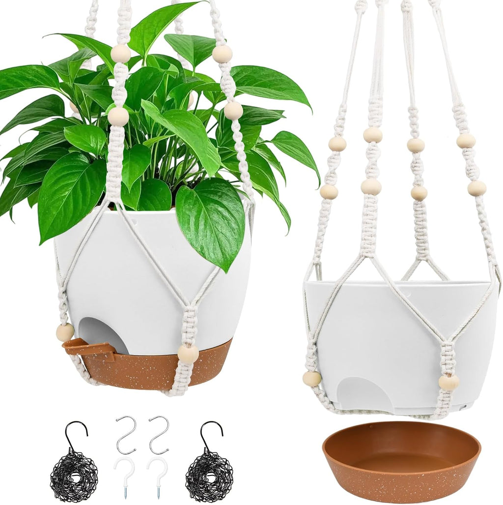 8'' Self Watering Hanging Planters with 2 Kinds of Plant Hangers,2 Pack | Hanging Planters for Indoor Outdoor Plants, Drainage Holes, Removable Tray, Hanging Basket for Home Garden