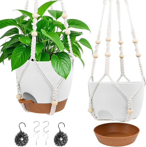 8'' Self Watering Hanging Planters with 2 Kinds of Plant Hangers,2 Pack | Hanging Planters for Indoor Outdoor Plants, Drainage Holes, Removable Tray, Hanging Basket for Home Garden