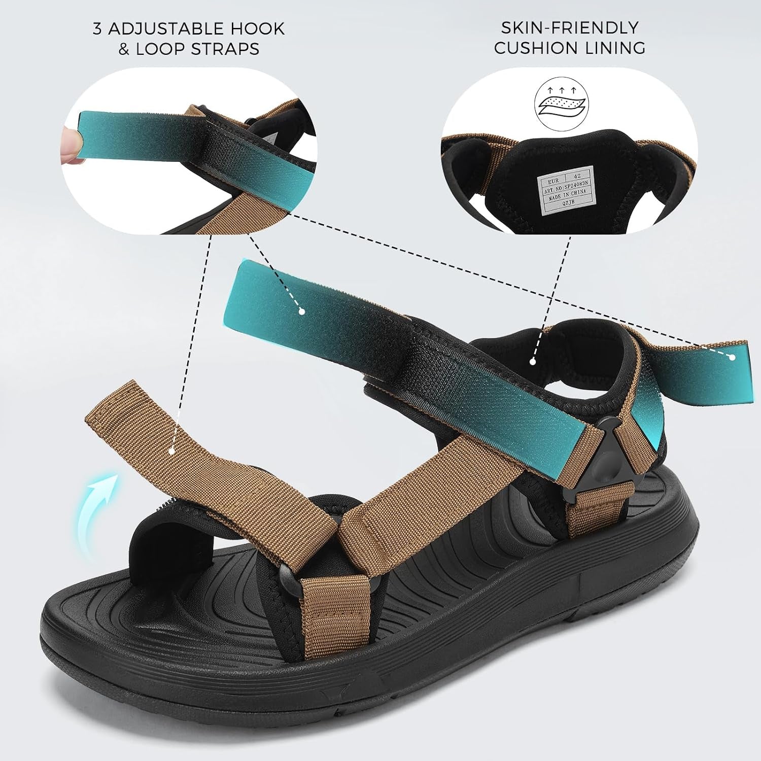 Mens Hiking Sandals with Arch Support - Cushion Sport Athletic Walking Sandles Outdoor Summer Comfortable Casual Waterproof Beach Water Sandal for Wide Feet