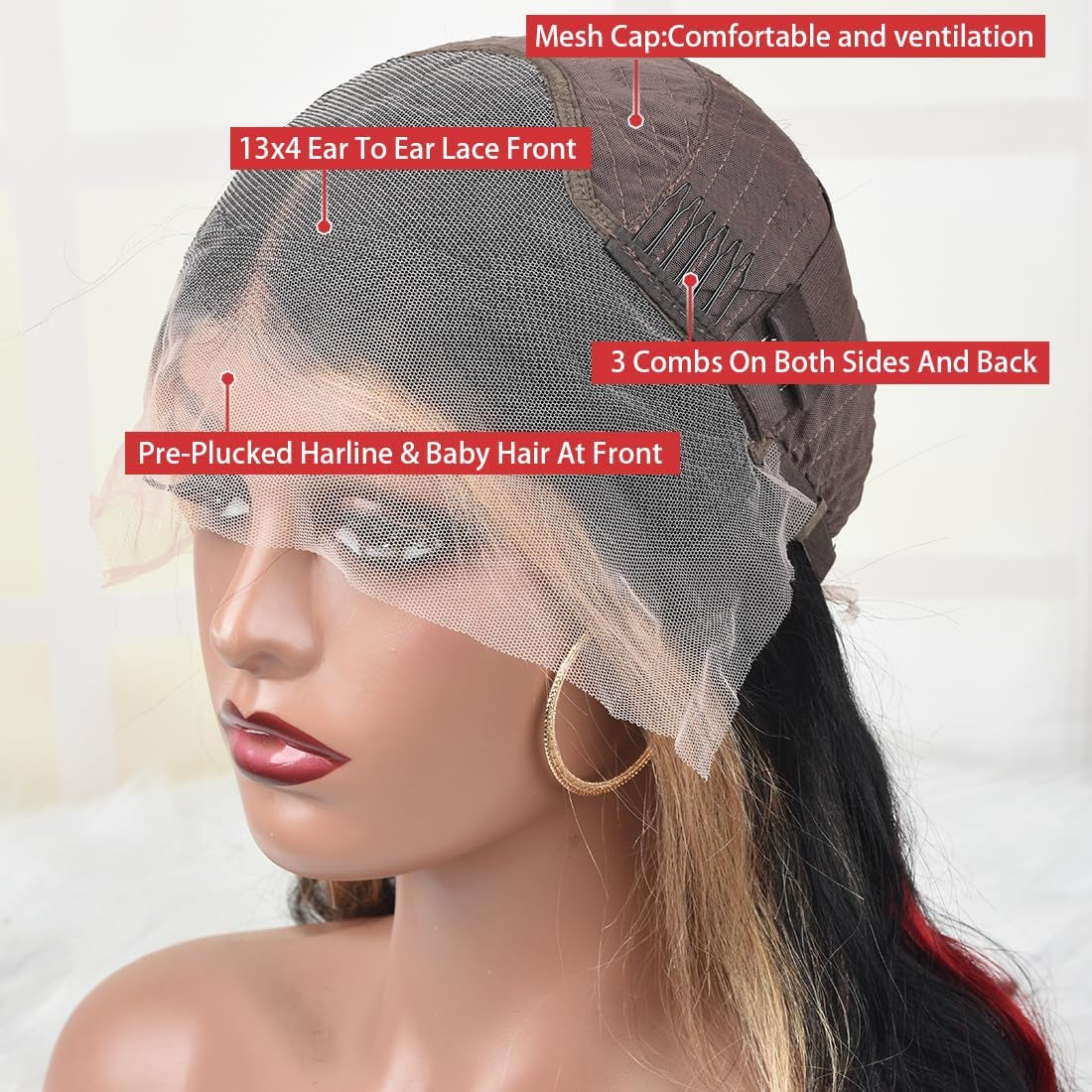 Black Red Blonde Highlight Wig Human Hair 13X4 Lace Front Wigs Human Hair Pre Plucked 180% Density Body Wave HD Lace Frontal Wig Blonde Red Highlight Glueless Colored Human Hair Wig for Women 26 Inch