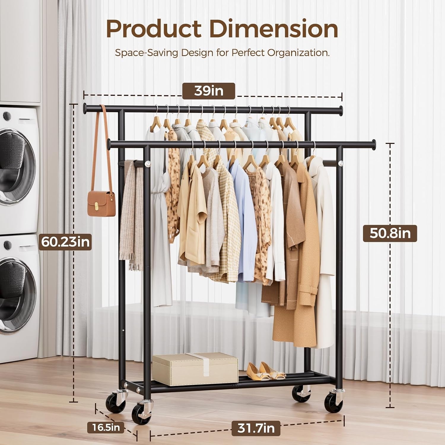 Clothes Rack, Double Rods Rolling Clothing Rack for Hanging Clothes, Portable Garment Rack with Wheels, Coat Rack Wardrobe Closet Load 240 LBS for Bedroom Laundry Room (Black, L)