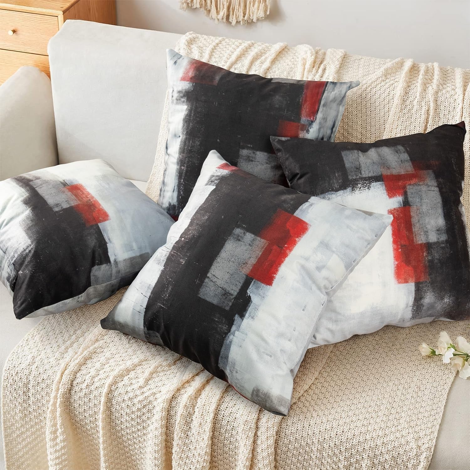 18X18 Throw Pillow Covers Set of 4 | Red and Black Abstract Art Painting Pillowcase, Soft Decor Cushion Cases for Sofa Bedroom Living Room Home Decor