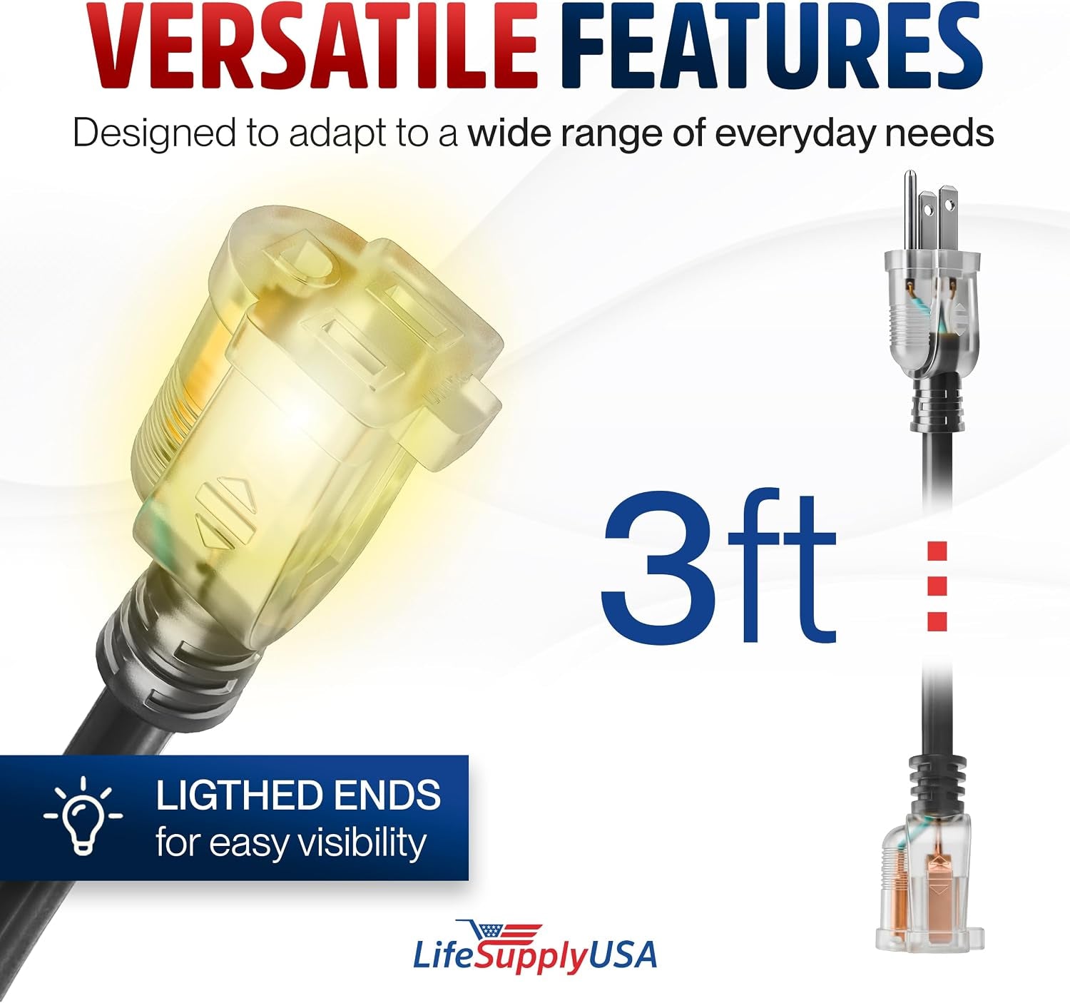 3Ft Outdoor/Indoor Extension Cord 12/3 Gauge Extra Heavy Duty 3 Prong SJTW, Waterproof, Flexible Cold-Resistant Long Power Cord,15A 125V 1875W, Black by