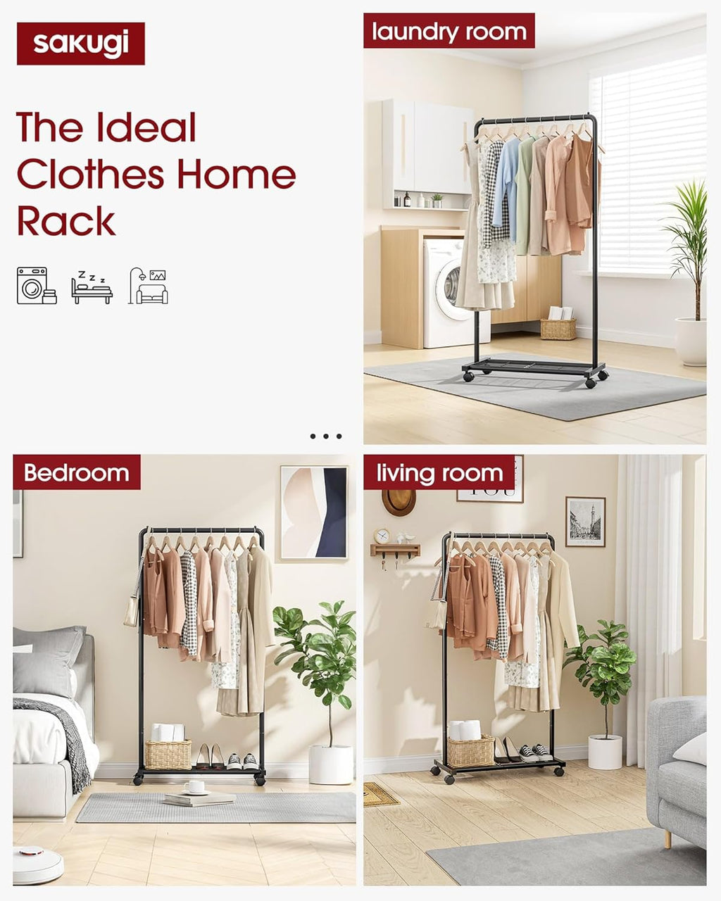 Clothes Rack - Clothing Rack with Storage Mesh Shelf & Casters, Heavy-Duty Metal Clothing Rack for Hanging Clothes, Dresses, Coats, Large Load Capacity, Easy Assembly, Black, 28.0"X16.9"X59.0"