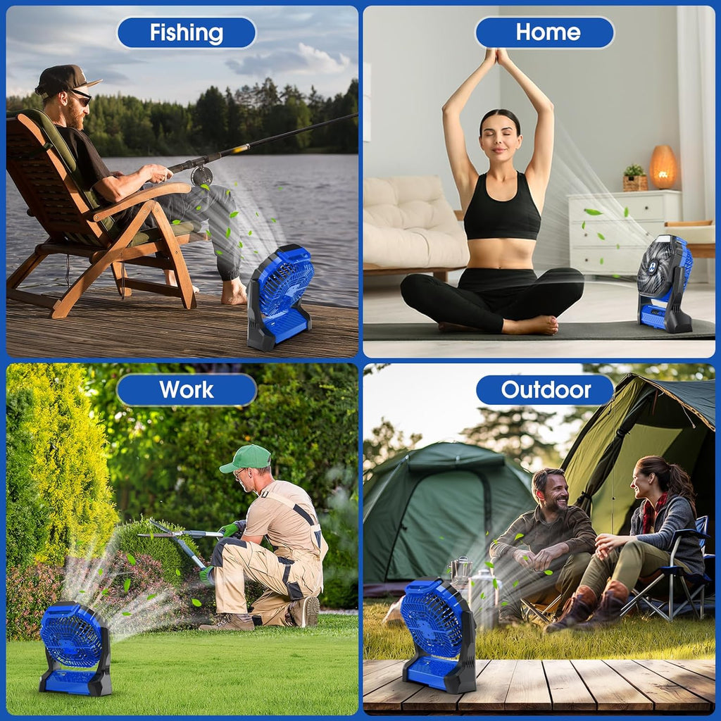 Portable Rechargeable Fan, 20000Mah Cordless Battery Powered Camping Fans | with LED Lantern Operated Outdoor Ventiladores for Travel Tent Camp Fishing Office Home Essentials Blue
