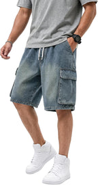 Baggy Jean Shorts Men, Y2K Jorts Cargo Ripped Elastic Waist, Mens Denim Shorts Comfy Casual Streetwear Summer
