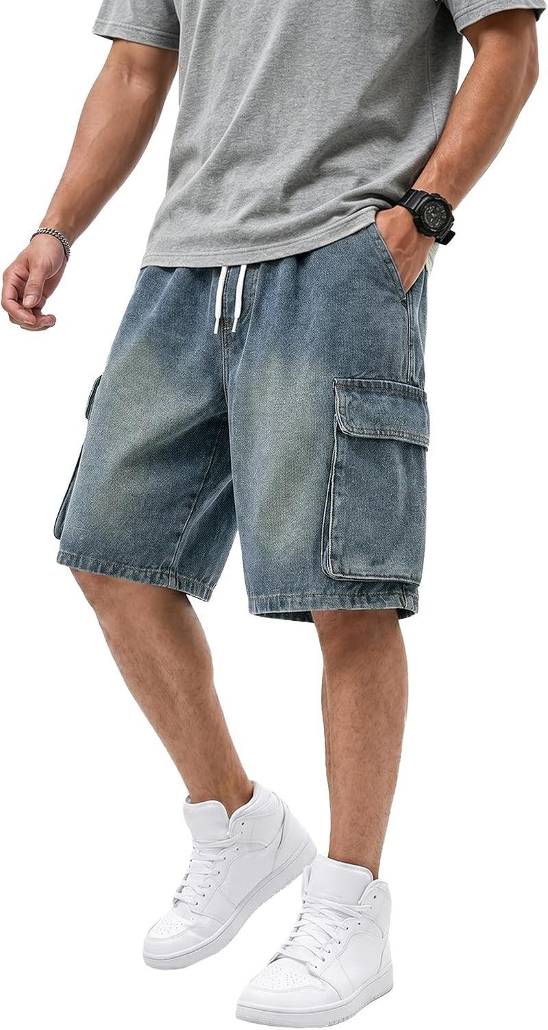 Baggy Jean Shorts Men, Y2K Jorts Cargo Ripped Elastic Waist, Mens Denim Shorts Comfy Casual Streetwear Summer