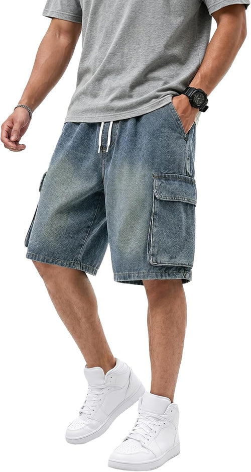 Baggy Jean Shorts Men, Y2K Jorts Cargo Ripped Elastic Waist, Mens Denim Shorts Comfy Casual Streetwear Summer