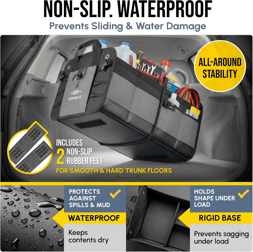 3-Section Modular Trunk Organizer XL – Car Storage for Groceries, Cleaning Supplies, Tools, Sports Gear – Foldable L-Shape Cargo Bin – Gray