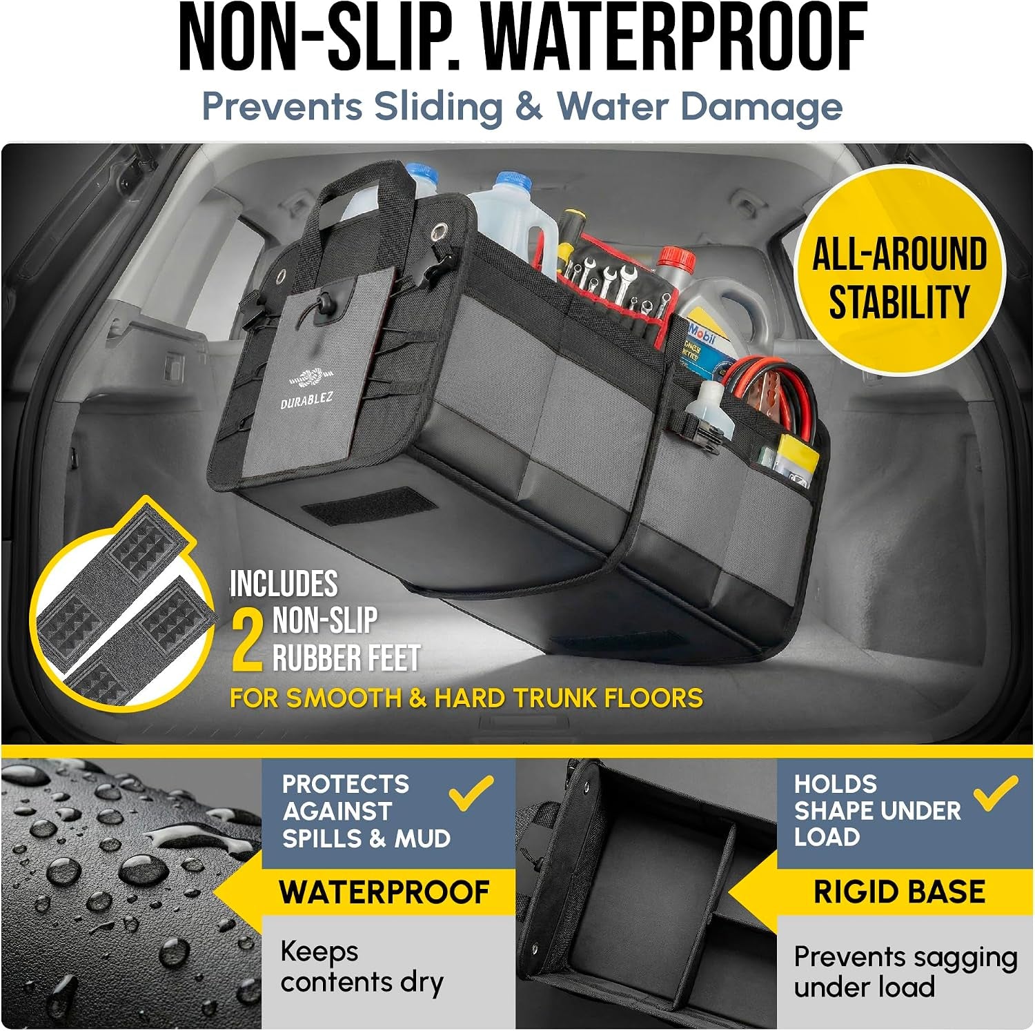 3-Section Modular Trunk Organizer XL – Car Storage for Groceries, Cleaning Supplies, Tools, Sports Gear – Foldable L-Shape Cargo Bin – Gray