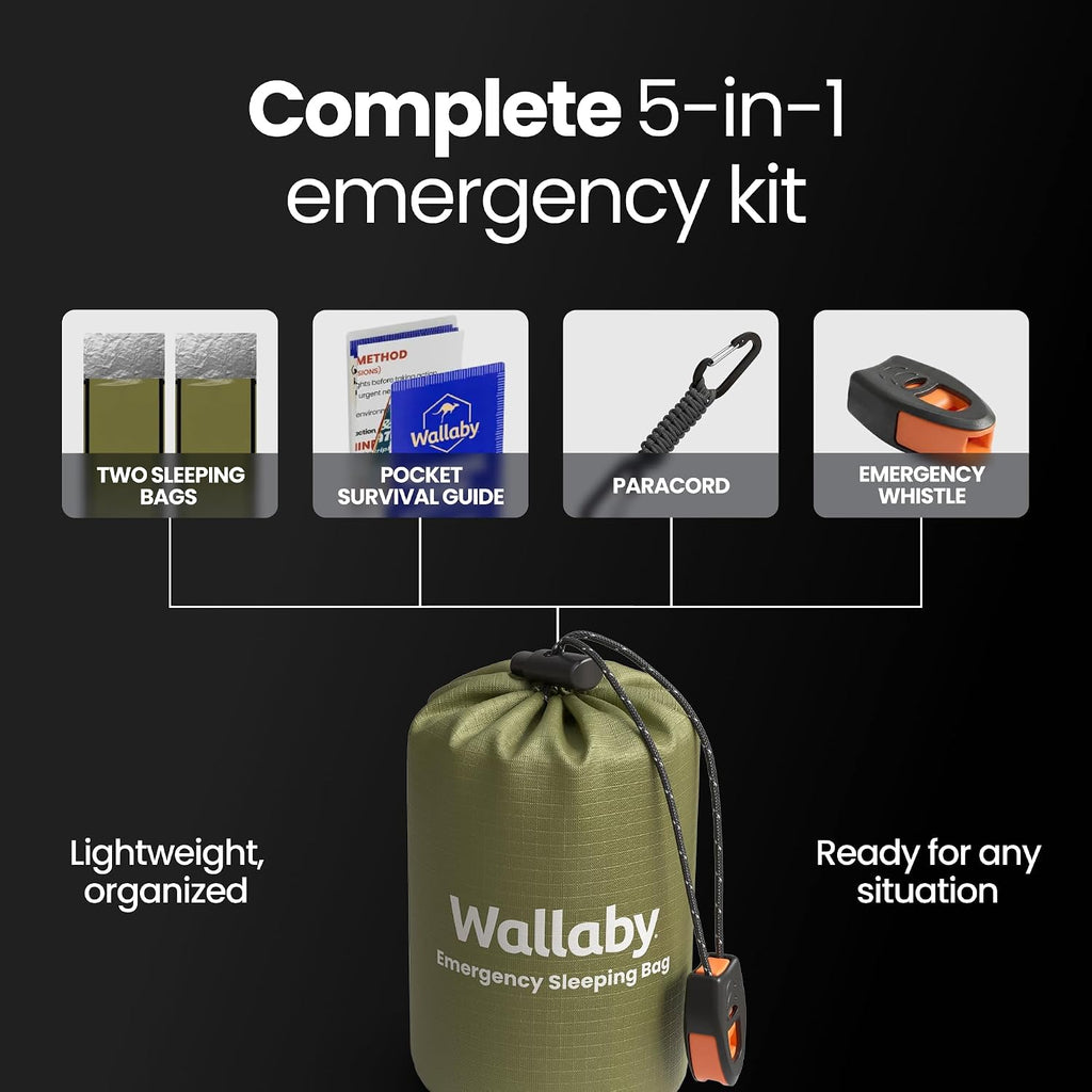 2-Pack Emergency Mylar Sleeping Bags with Nylon Pouches, Whistle Pull & Paracord with Carabiners, Free Survival Guide – Hiking, Survival