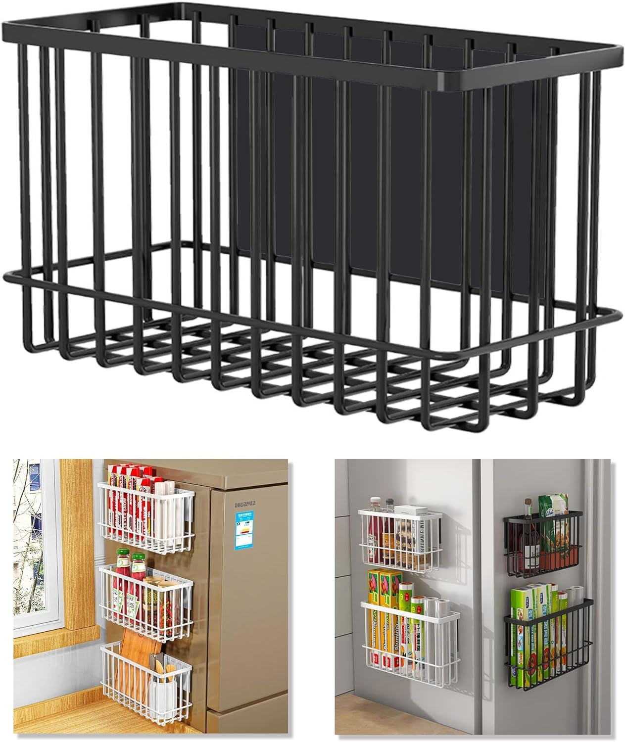 Magnetic Refrigerator Organizer Magnetic Basket Kitchen Organizer Metal Ziplock Bag Storage Organizer (10.25" L X 3.2" W X 6" H, Black)