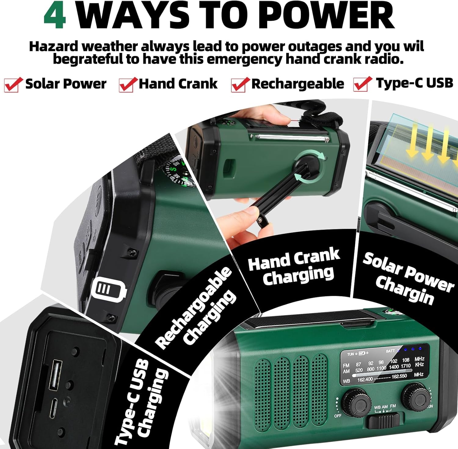 Hand Crank Emergency Radio,37000Mwhsolar Powered Hand Crank Portable NOAA AM FM Weather Radio with 3Mode Flashlight and Reading Light,Cell Phone Charger,Home and Emergency Distress Signa