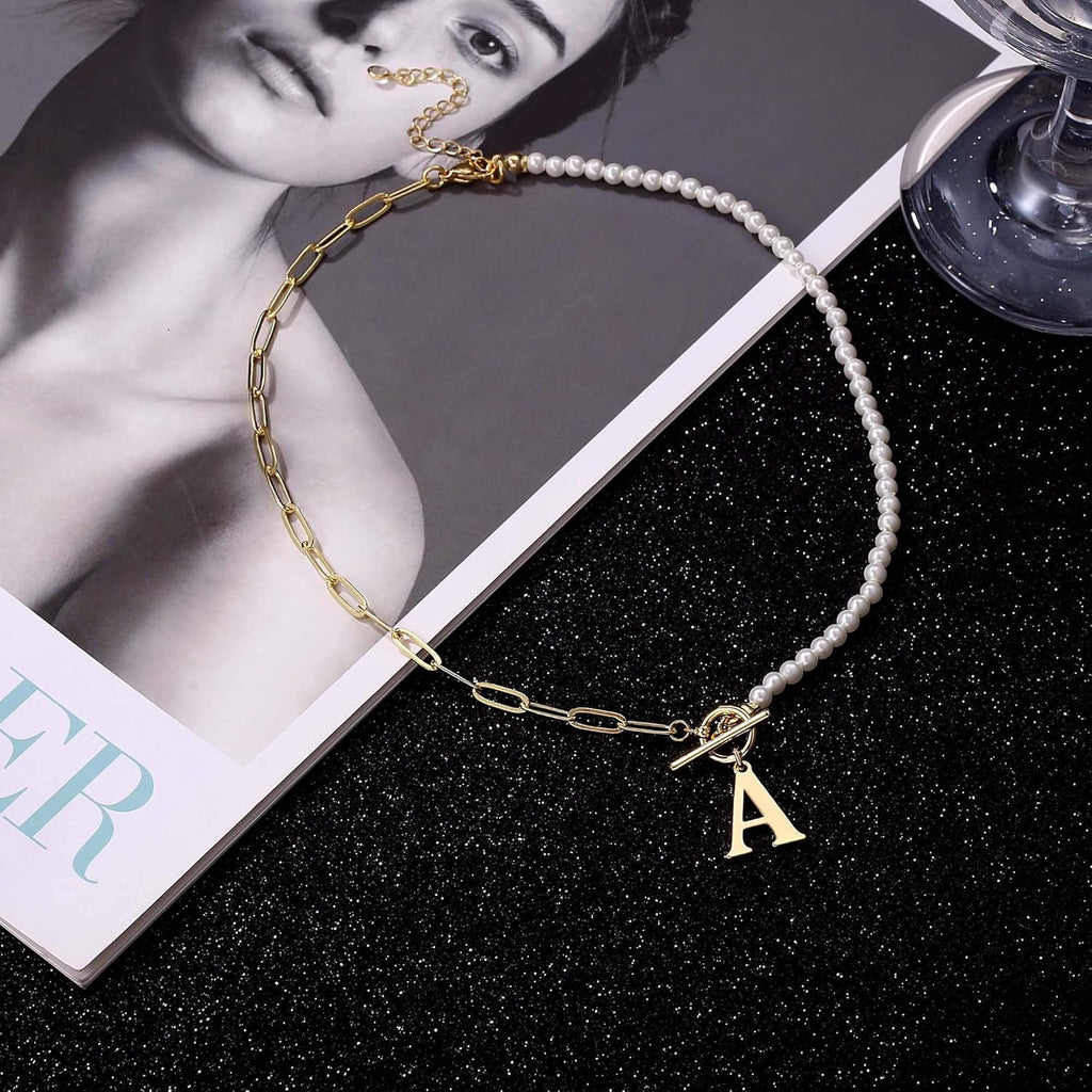 Pearl Initial Necklace for Women, Dainty Pearl Chain Choker Initial Necklaces for Women Toggle Clasp Paperclip Link Chain Necklace Jewelry Gifts