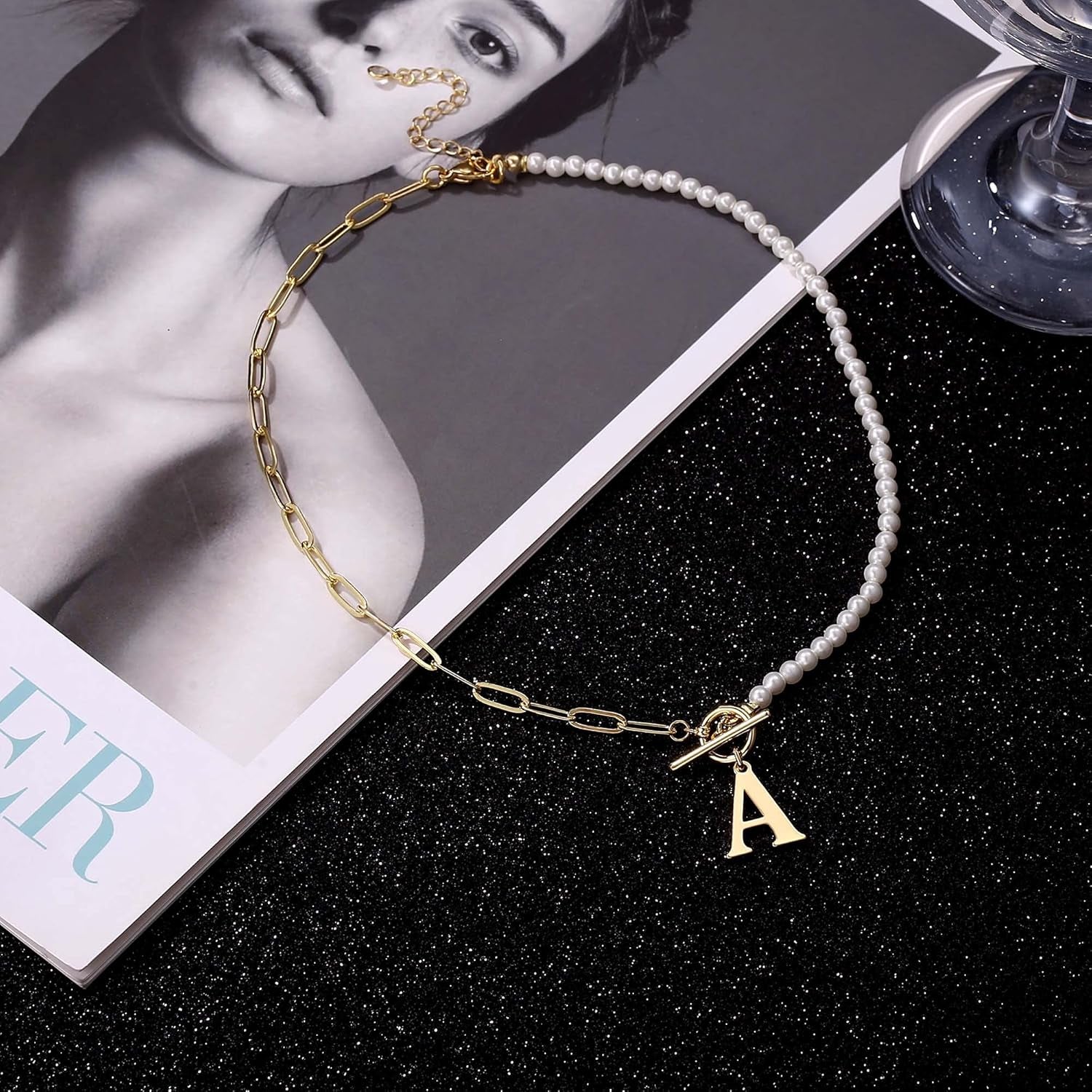 Pearl Initial Necklace for Women, Dainty Pearl Chain Choker Initial Necklaces for Women Toggle Clasp Paperclip Link Chain Necklace Jewelry Gifts