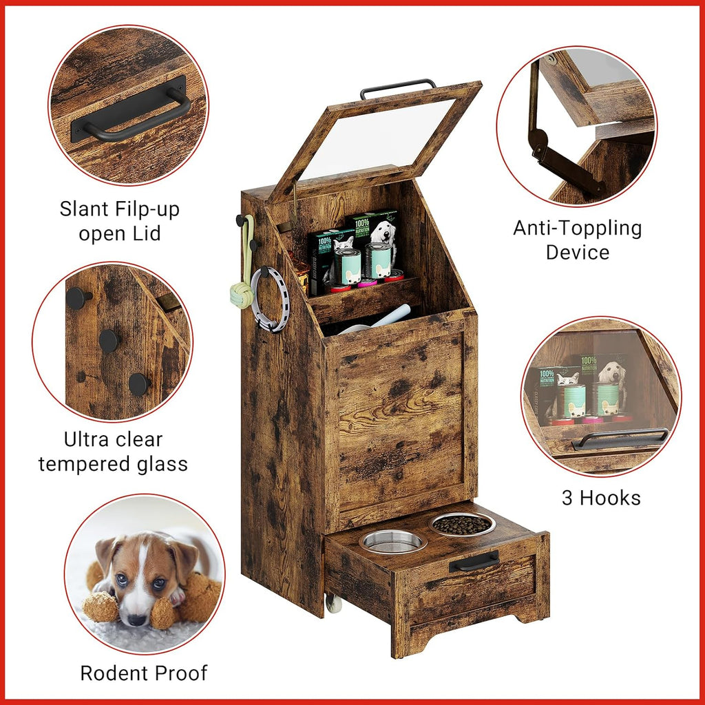 35''H Pet Food Cabinet Flip Top Dog Food Storage Cabinet,Dog Feeding Station with 2 Elevated Dog Bowls, Large Pet Toy Storage Organizer,Rustic Brown