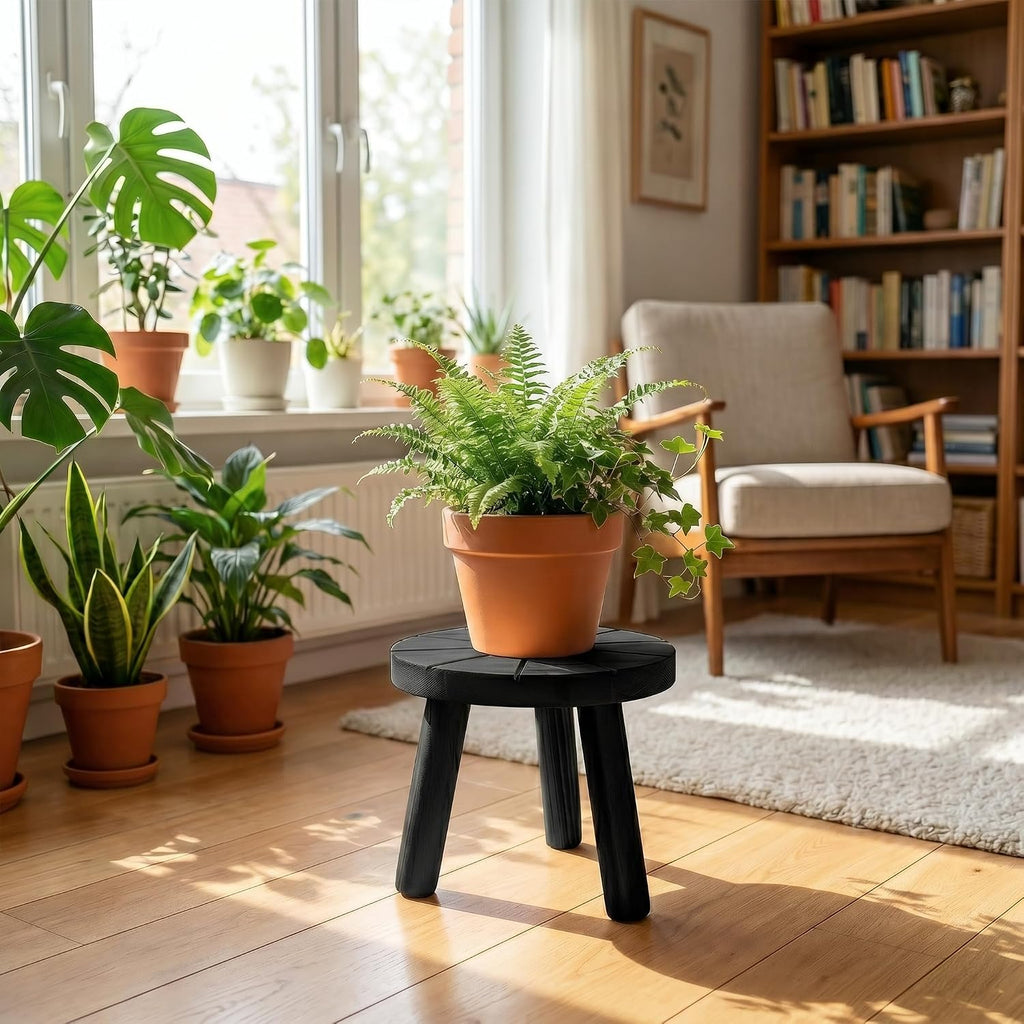 Wood Plant Stands Indoor, 3-Pack Single Plant Stand for 7-10 Inch Pots, Mid-Century Modern Plant Stool, Tall Plant Stand for Large Plants for Living Room, Balcony, Office (Black, 3-Pack)