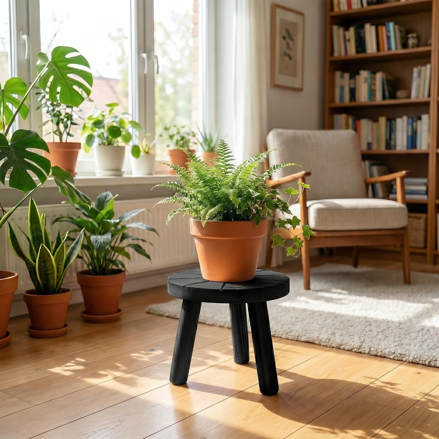 Wood Plant Stands Indoor, 3-Pack Single Plant Stand for 7-10 Inch Pots, Mid-Century Modern Plant Stool, Tall Plant Stand for Large Plants for Living Room, Balcony, Office (Black, 3-Pack)