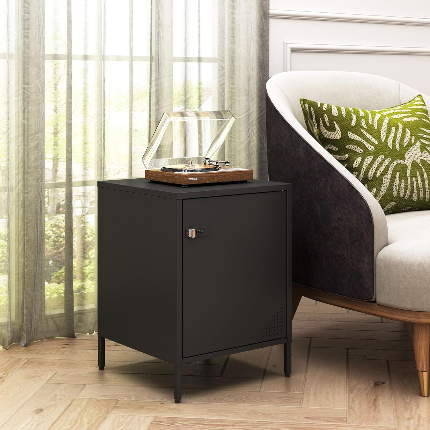 Metal Lockable Nightstand, Single Door Locker Metal End Table Small Bedside Storage Cabinet for Living Room, Bedroom, Dorm, 21.26”H X 15.75”W X 15.75”D (1 Door, Black)