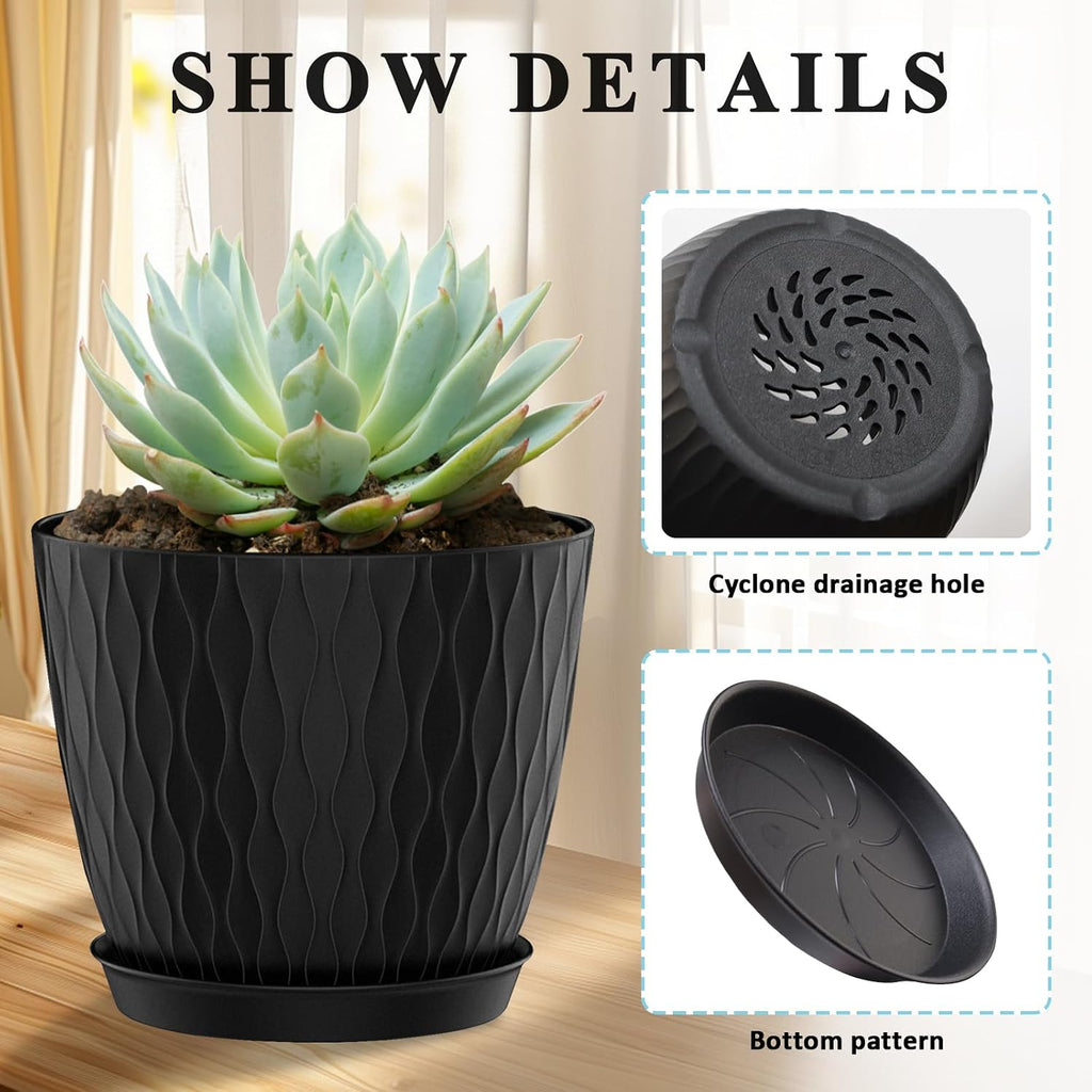 Flower Pots Outdoor Clearance 6 Inch Set of 5 Succulent Planters for Indoor Plants Garden Home Holiday, Plastic Nursery Pots for Plants with Drainage Holes and Saucer, Modern Plant Pot Black