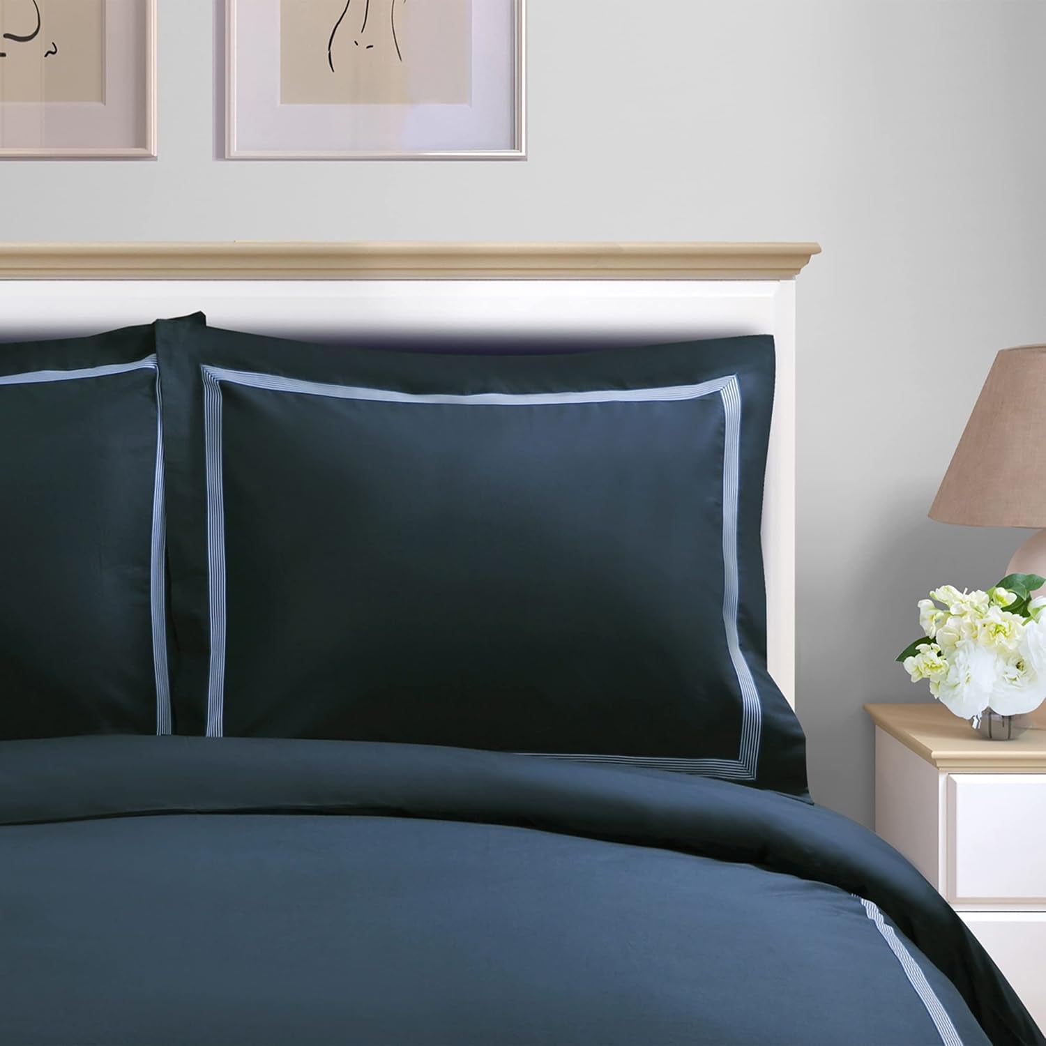 Miller Cotton 300 TC Duvet Cover Set, Soft Comforter Covers, Bedroom Essentials, Coastal Striped, Includes 1 Duvet Cover with Button Closure, 2 Pillow Shams, Full/Queen, Navy Blue - Navy Blue