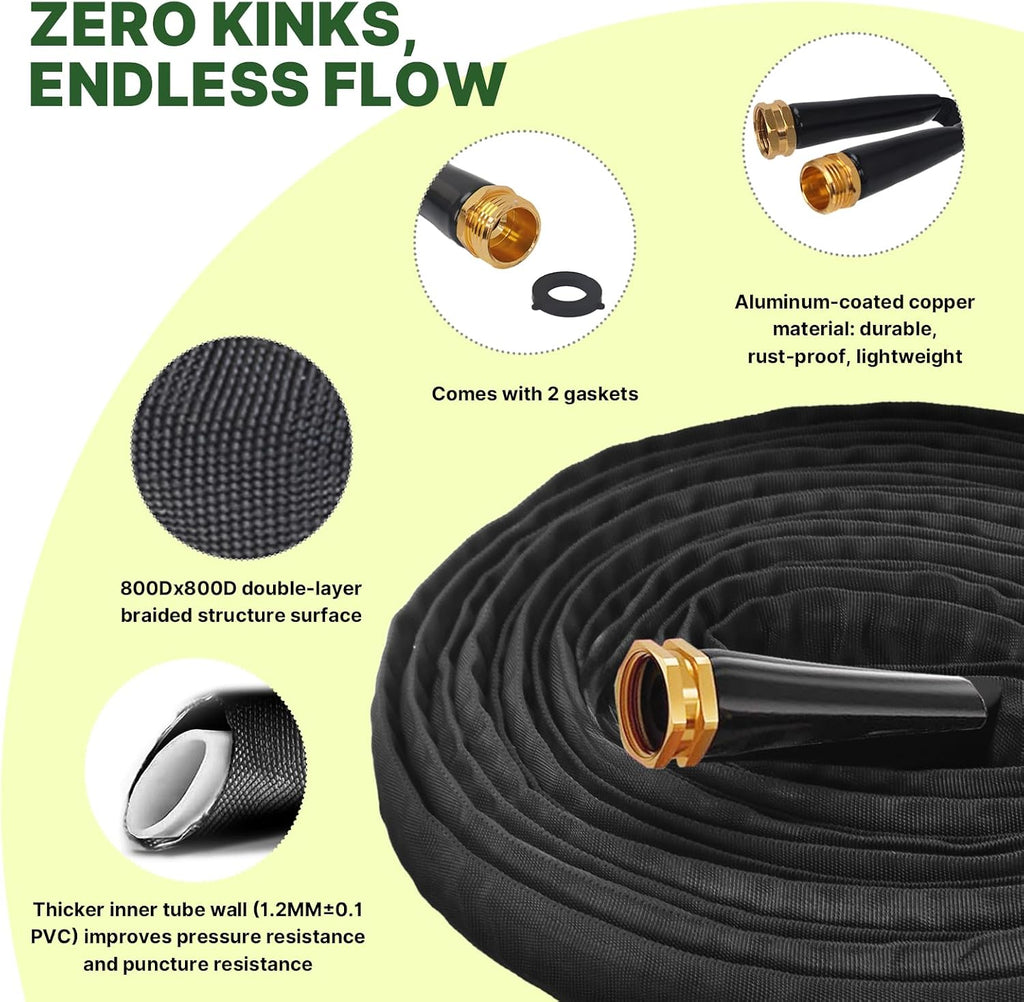 Lightweight Flat Garden Hose 100Ft, 800D Woven Water Hose with 3/4” Aluminum-Copper Fittings with 2 Rubber Washers, 580 PSI Burst Pressure, Flexible Kink-Free Hose for Outdoor, Lawn & Yard Use