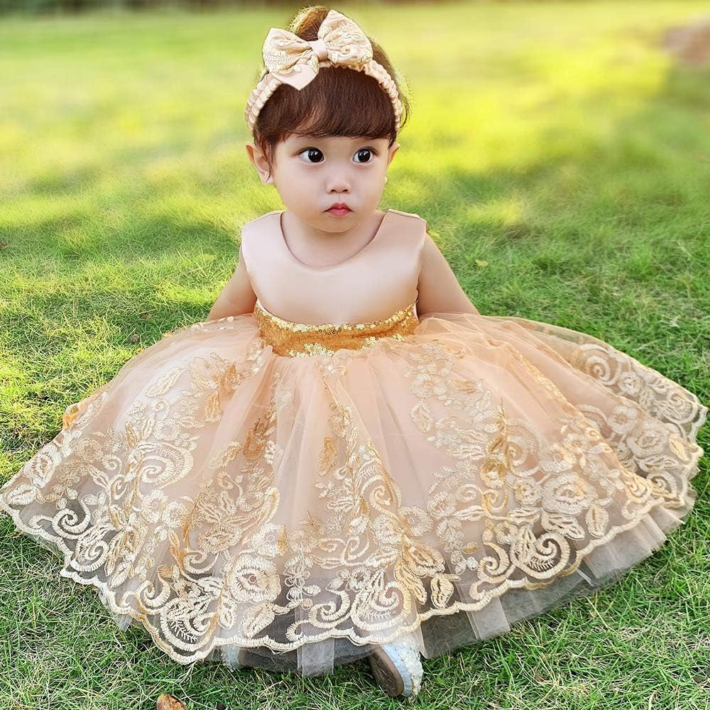 0-6 Years Baby Girls Pageant Lace Embroidery Dresses Toddler Formal Dress with Headwear