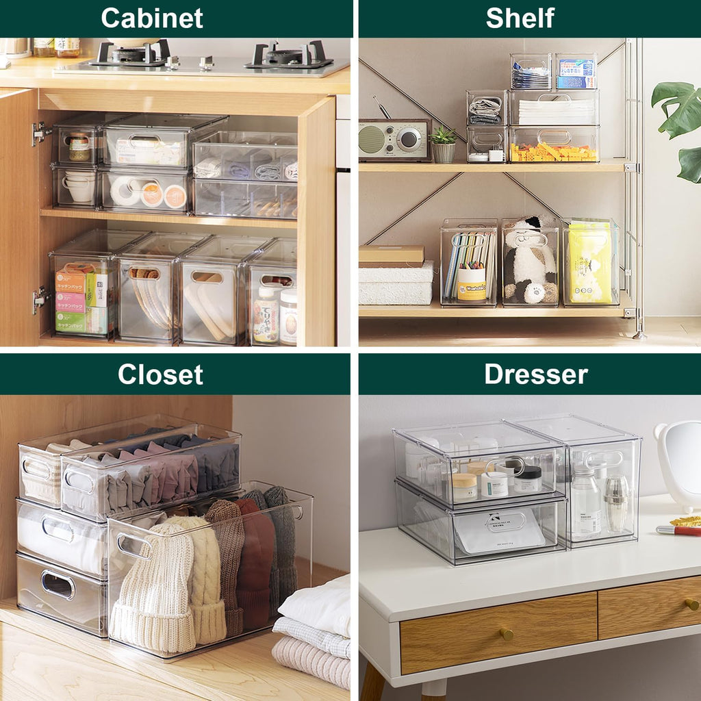 Fridge Drawers, 3-Pack Clear Stackable Pull Out Refrigerator Organizer Bins, Food Storage Containers for Kitchen, Freezer, Vanity & Fridge Organization and Storage (2 Small+1 Medium)
