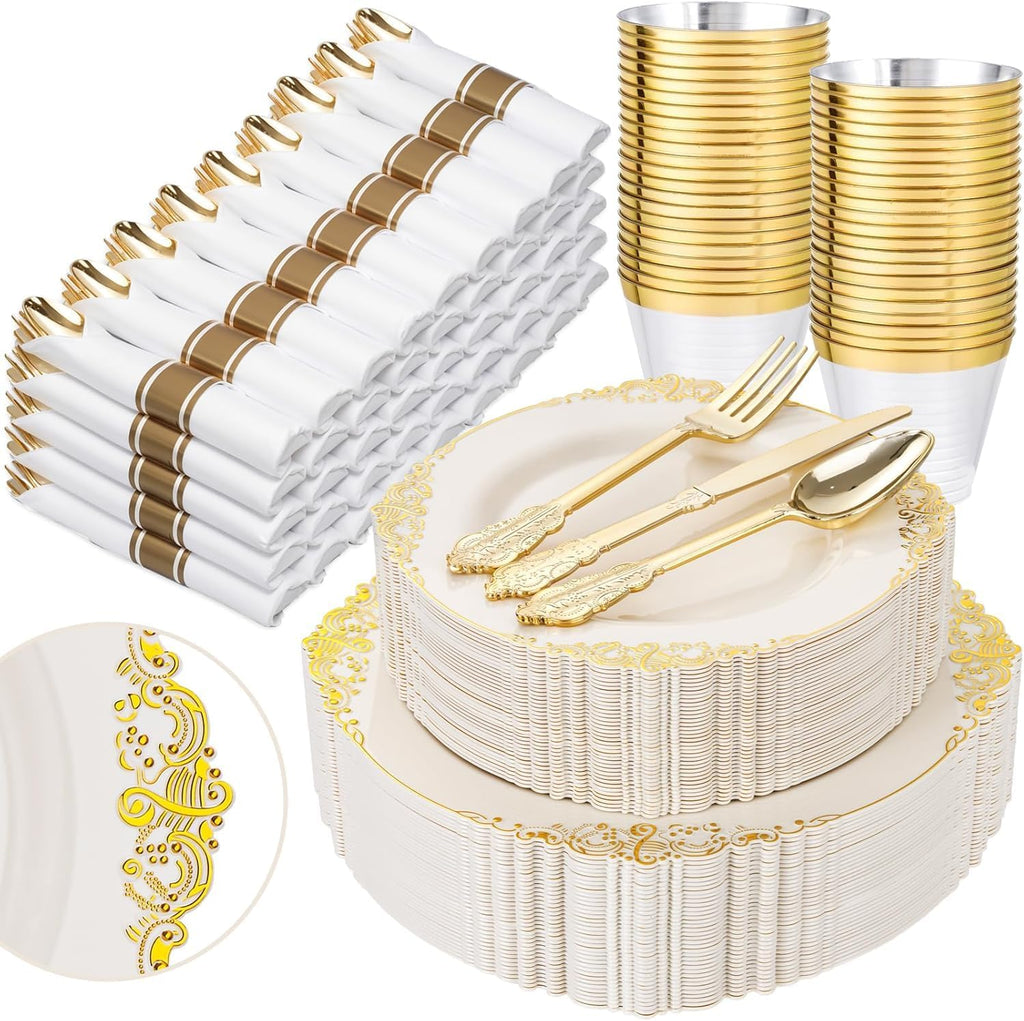 350PCS Ivory Plastic Plates - Ivory Gold Plastic Dinnerware Sets for 50 Guests - 100 Gold Disposable Plates, 50 Pre Rolled Silverware Sets, 50 Cups Perfect for Wedding & Party