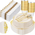 350PCS Ivory Plastic Plates - Ivory Gold Plastic Dinnerware Sets for 50 Guests - 100 Gold Disposable Plates, 50 Pre Rolled Silverware Sets, 50 Cups Perfect for Wedding & Party