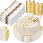 350PCS Ivory Plastic Plates - Ivory Gold Plastic Dinnerware Sets for 50 Guests - 100 Gold Disposable Plates, 50 Pre Rolled Silverware Sets, 50 Cups Perfect for Wedding & Party