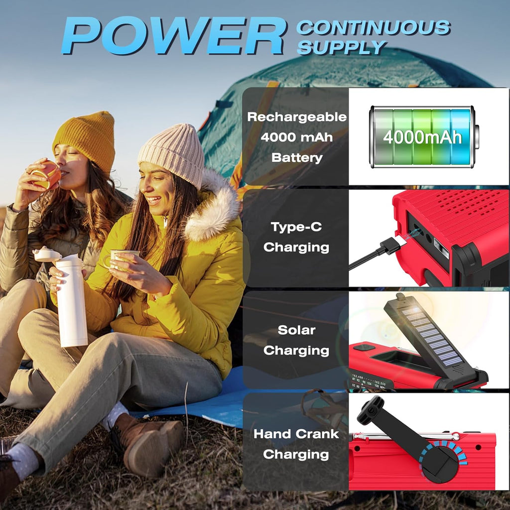 Emergency Weather Radio, 4000Mah NOAA Weather Radio Solar Charging | Hand Crank Radio & USB Charged, Radios Portable Am Fm with LED Flashlight, Reading Lamp, SOS Alarm for Emergency Situation