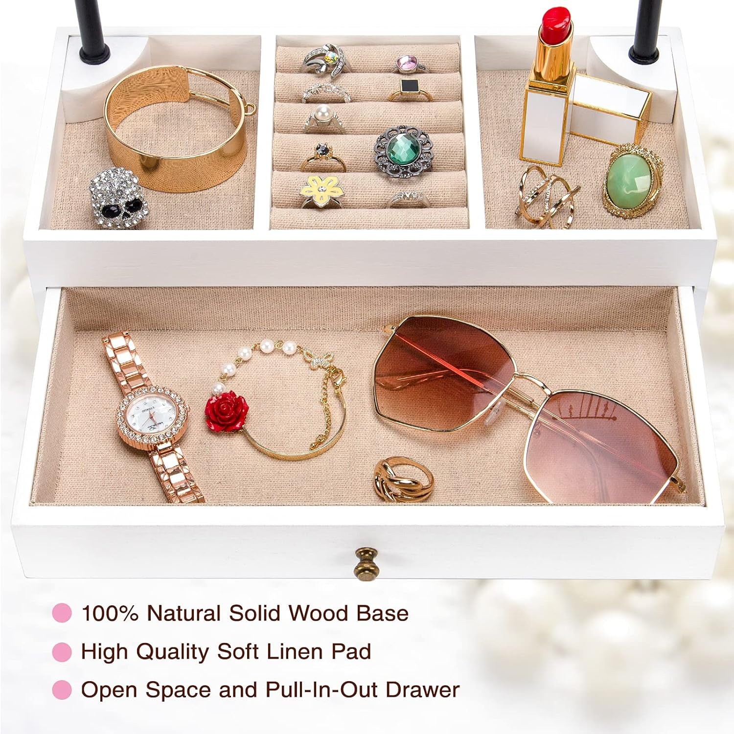 Jewelry Organizer Stand Wood Basic Jewelry Drawer Storage Box with Double Rods & 6 Tier Jewelry Tree Stand Holder for Necklaces Bracelet Earring Ring Display(Vintage White)