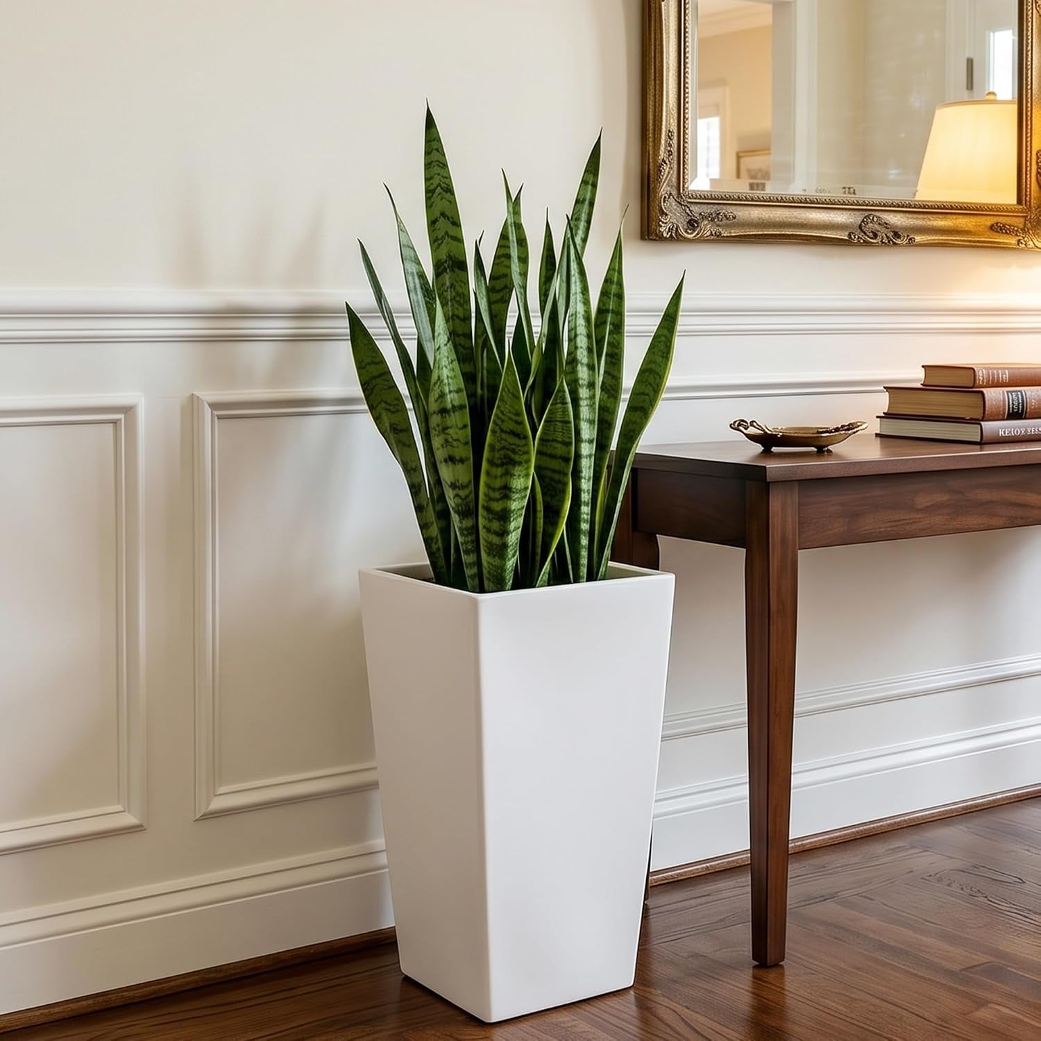 Planters for Outdoor Plants, 20 Inch Tall White Flower Pots 2 Pack, Large Plastic Plant Pots with Drainage Hole and Dual-Purpose Tray, Decorative Indoor Planter for Front Porch Patio Garden