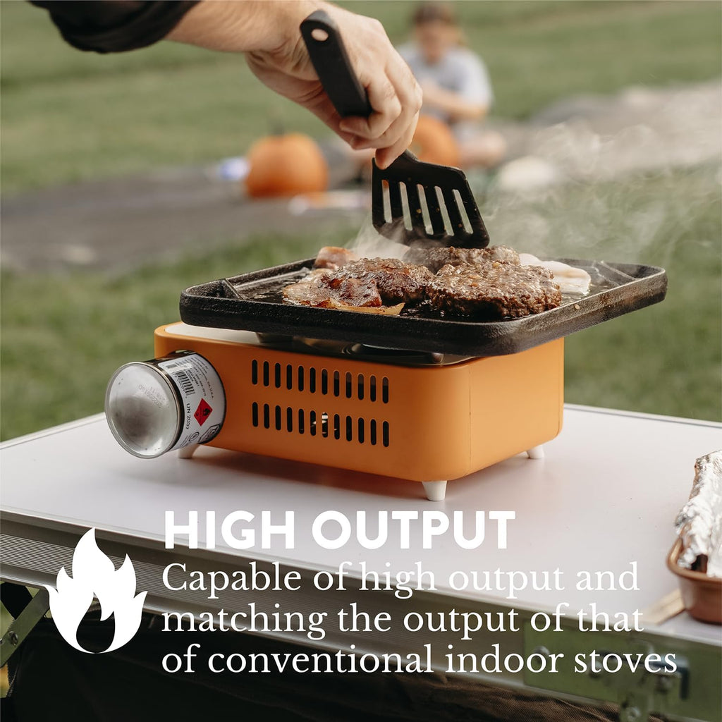 Butane Fuel Camp Stove – Crate Series - Mini Stove for Camping, Hiking – Portable Gas Stove with Spiral Flame – Even Heat Distribution – Modern and Easy to Use (Orange)