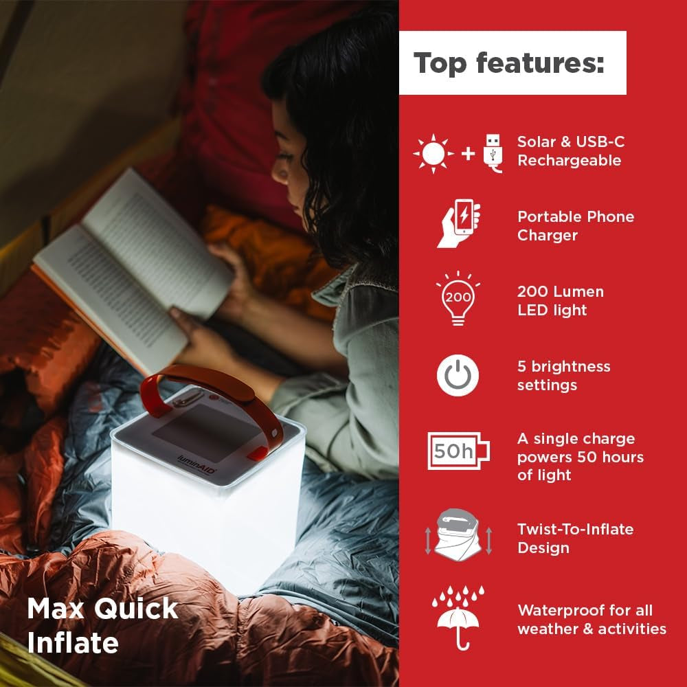 Max 2-In-1 Inflatable Solar LED Camping Lantern & Phone Charger | 200 Lumens, Twist-To-Inflate Design, Waterproof, Camping, Hiking & Travel, Emergency Light for Power Outages, Hurricane