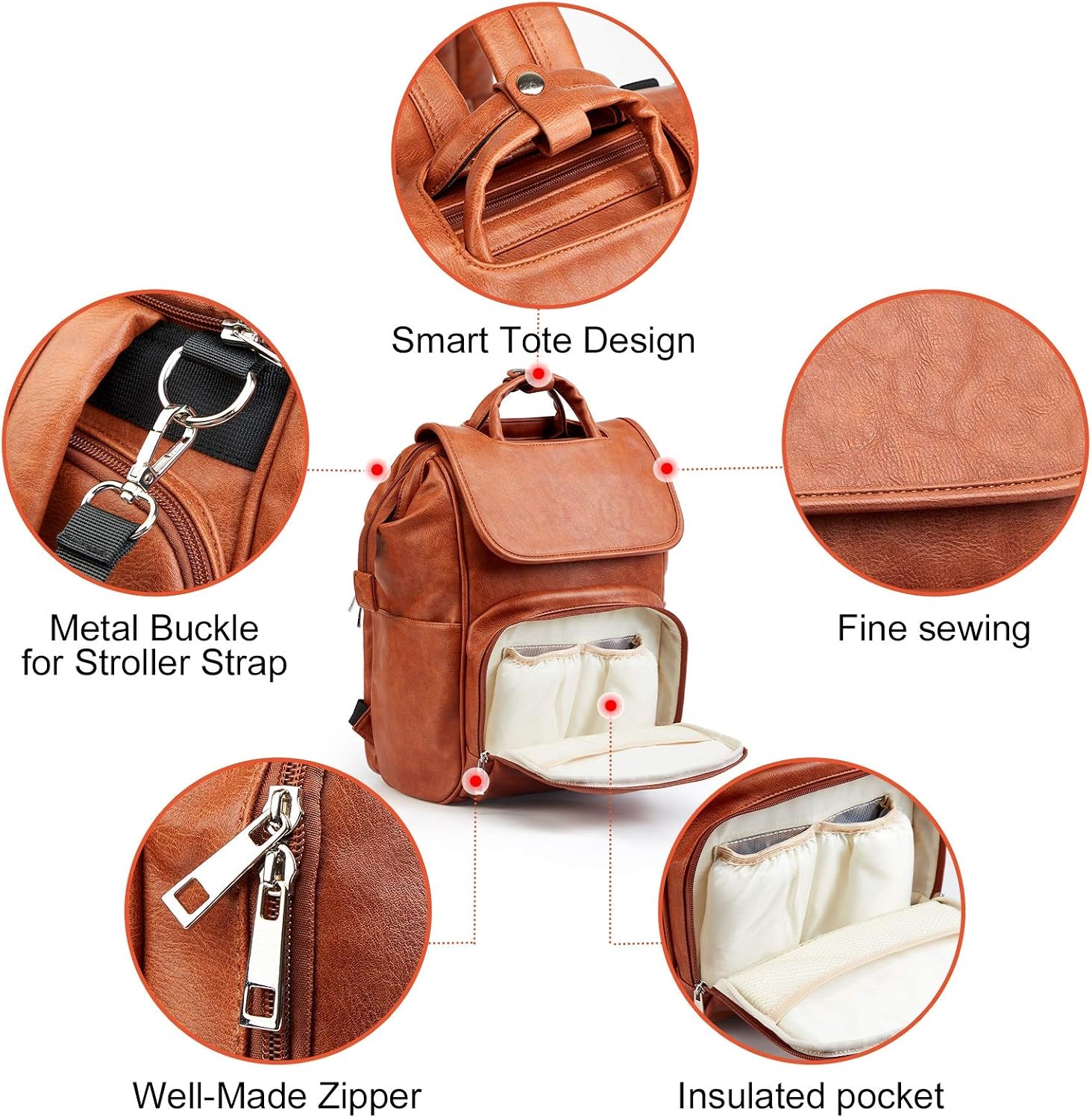 Leather Diaper Bag Backpack with Changing Mat | Travel Backpack Waterproof & Insulated Large Nappy Bag Stroller Straps, 13.8X8X18 Inch (Pack of 1), Travel Backpacks