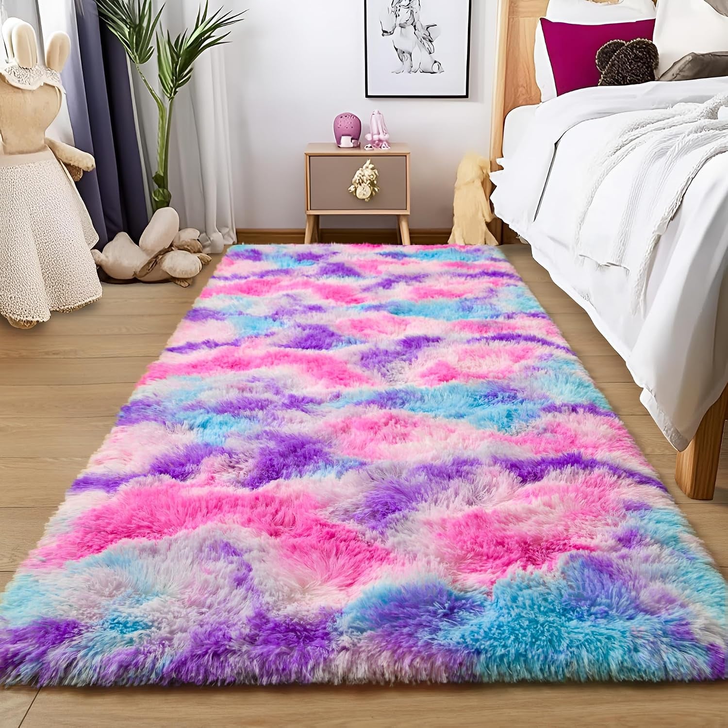 Soft Rainbow Rug for Girls Room, Cute Fluffy Girls Bedroom Rugs, 2X6 Feet Shaggy Princess Rug Colorful Carpet for Kids Teens Toddler Playroom Nursery Reading Nook, Hot Pink