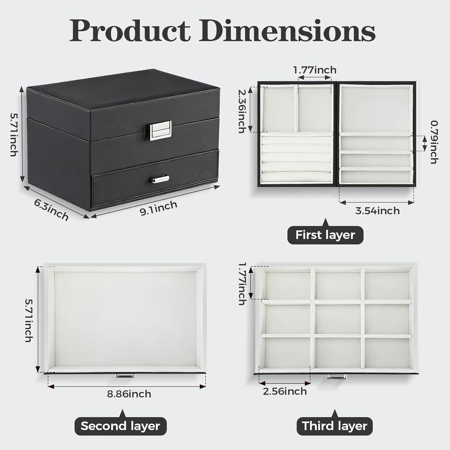 Jewelry Organizer Box, Large Jewelry Boxes for Women Girls, Space-Saving 3 Layers Jewelry Storage Case with Drawer, Movable Metal Stand, Modern, Gift Idea (Black)