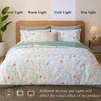 Green Floral Microfiber Duvet Cover Set 3Pcs Queen Bedding Comforter Cover Botanical Reversible Quilt Ultra Soft Bedspread Zipper Closure Cozy Farmhouse Boho Cottage Style Bedroom Essentials
